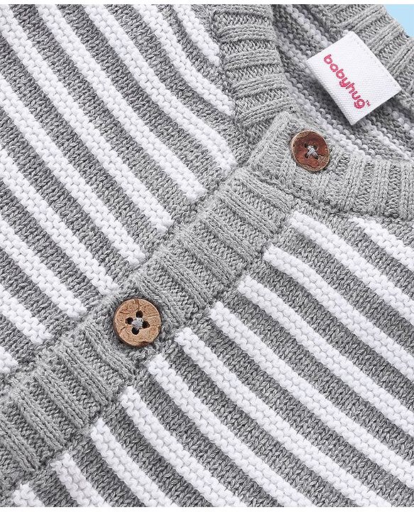 Babyhug Knitted Full Raglan Sleeves Front Open Striped  Hooded Sweater Set with Cap & Pockets - Light Grey