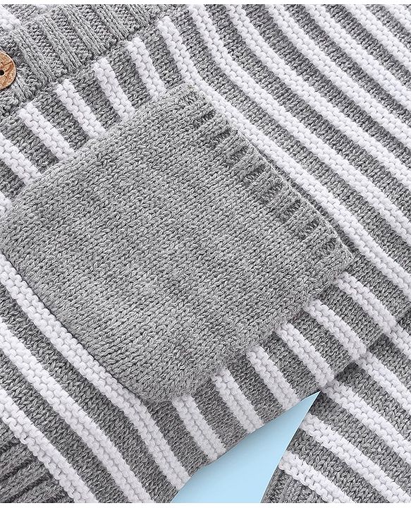 Babyhug Knitted Full Raglan Sleeves Front Open Striped  Hooded Sweater Set with Cap & Pockets - Light Grey