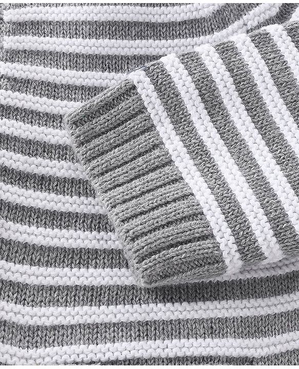 Babyhug Knitted Full Raglan Sleeves Front Open Striped  Hooded Sweater Set with Cap & Pockets - Light Grey