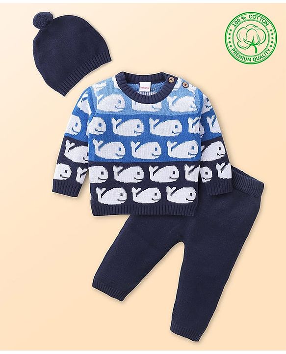 Babyhug Knitted Full Sleeves Pullover Sweater Set with Cap & Whale Design - Navy Blue