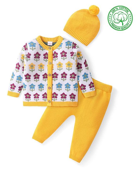 Babyhug Cotton Knit Full Sleeves Front Open Sweater Set With Floral Design & Cap - Yellow