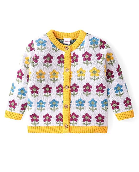 Babyhug Cotton Knit Full Sleeves Front Open Sweater Set With Floral Design & Cap - Yellow