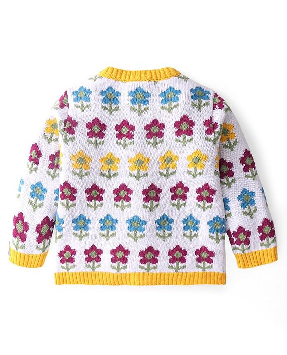 Babyhug Cotton Knit Full Sleeves Front Open Sweater Set With Floral Design & Cap - Yellow