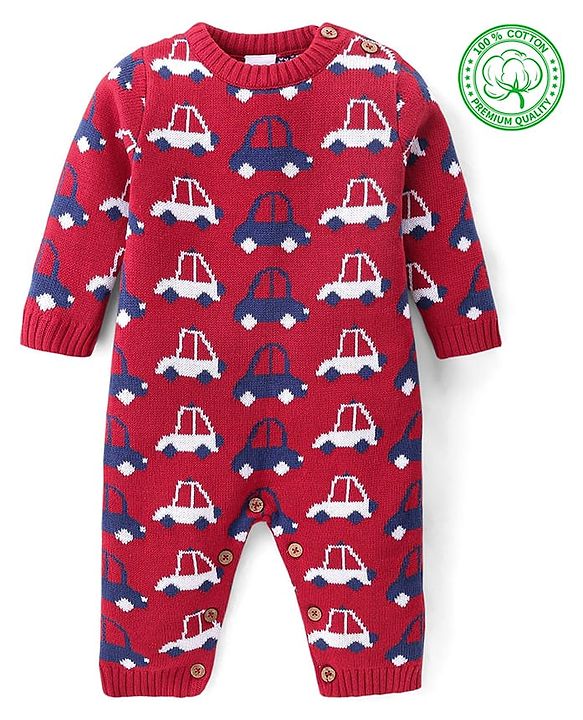 Babyhug Cotton Knit Full Sleeves Winter Wear Romper with Vehicles Print - Red