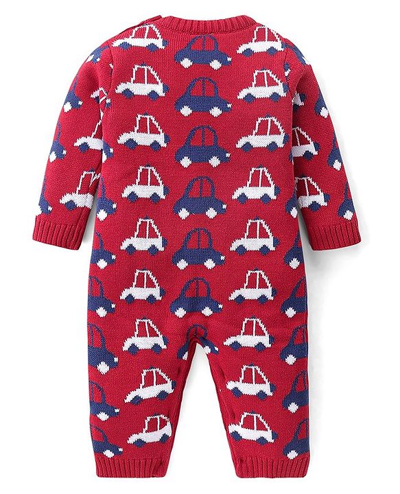Babyhug Cotton Knit Full Sleeves Winter Wear Romper with Vehicles Print - Red