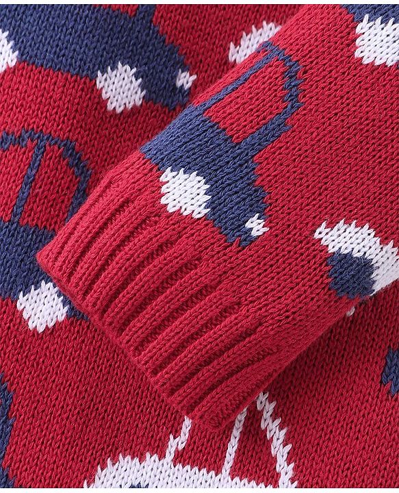 Babyhug Cotton Knit Full Sleeves Winter Wear Romper with Vehicles Print - Red