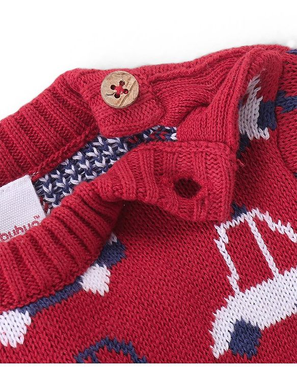 Babyhug Cotton Knit Full Sleeves Winter Wear Romper with Vehicles Print - Red