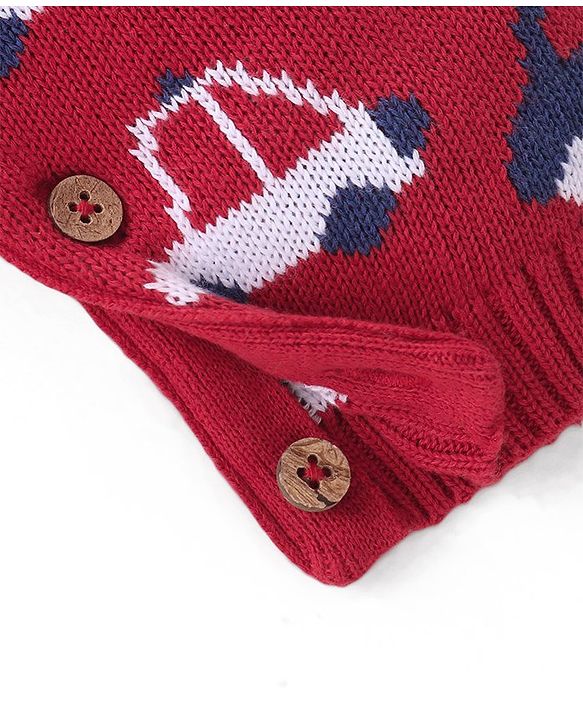 Babyhug Cotton Knit Full Sleeves Winter Wear Romper with Vehicles Print - Red