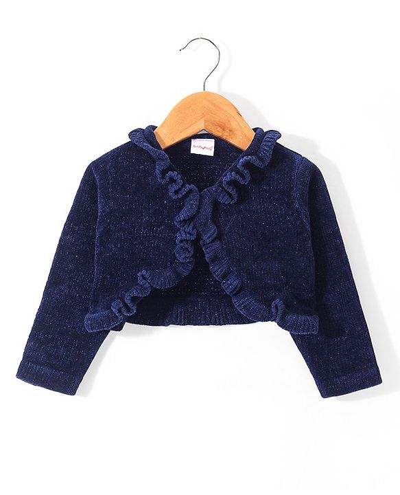 Babyhug Knitted Full Sleeves Shimmered Shrug with Frill Detailing - Navy Blue
