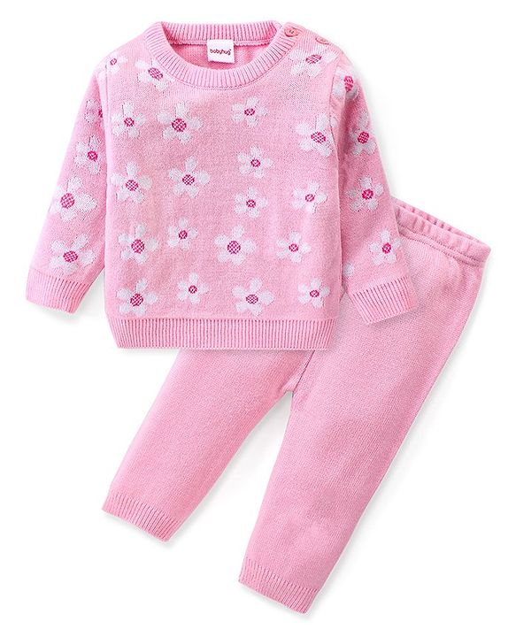 Babyhug Knitted Full Sleeves Pullover Sweater Set with Floral Design - Pink