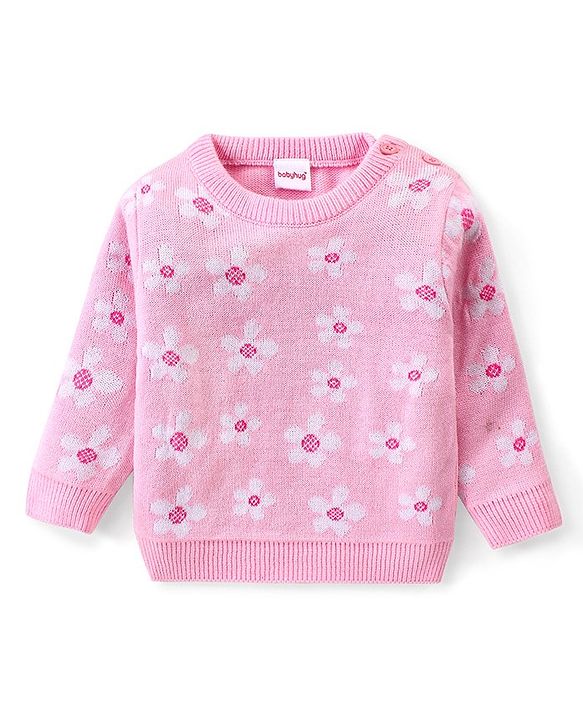 Babyhug Knitted Full Sleeves Pullover Sweater Set with Floral Design - Pink