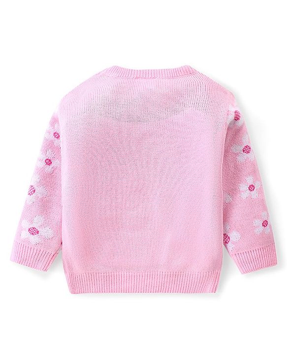 Babyhug Knitted Full Sleeves Pullover Sweater Set with Floral Design - Pink