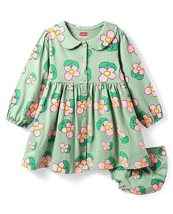 Babyhug Full Sleeves Floral Printed Frock With Peter Pan Collar & Bloomer - Light Green