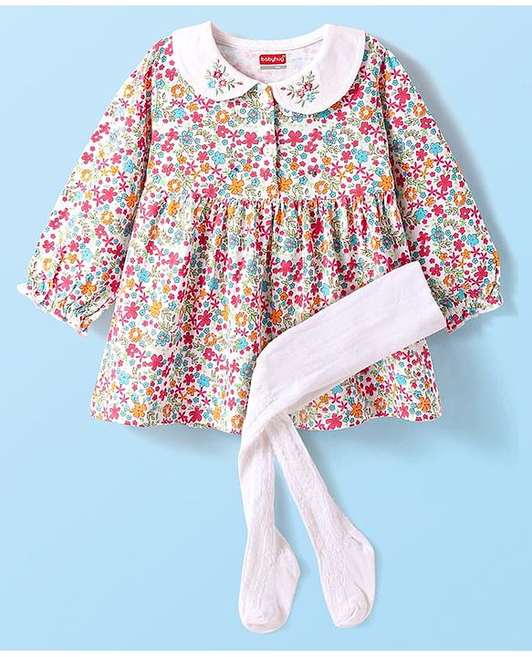 Babyhug Single Jersey Knit Full Sleeves Floral Printed Frock With Peter Pan Collar & Stockings - White