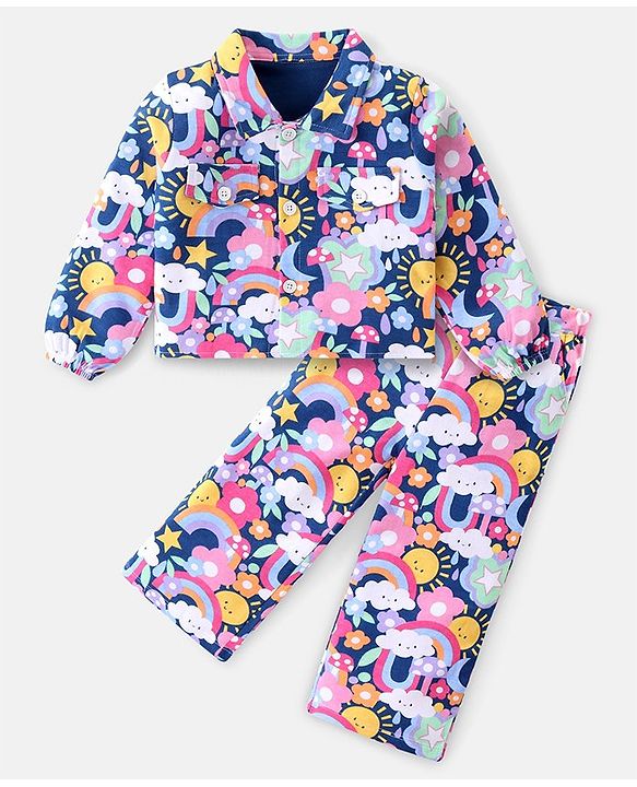 Babyhug Cotton Knit Full Sleeves Floral Printed Shirt Style Top & Lounge Pants Co-Ord Set - Multicolor
