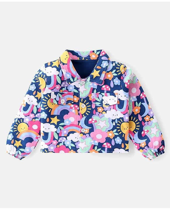 Babyhug Cotton Knit Full Sleeves Floral Printed Shirt Style Top & Lounge Pants Co-Ord Set - Multicolor
