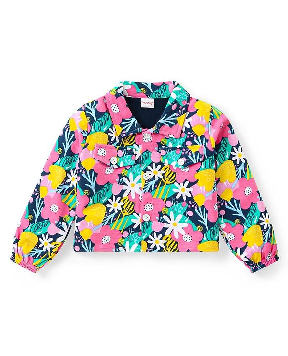 Babyhug Cotton Knit Full Sleeves Floral Printed Shirt Style Top & Lounge Pants Co-Ord Set - Multicolor