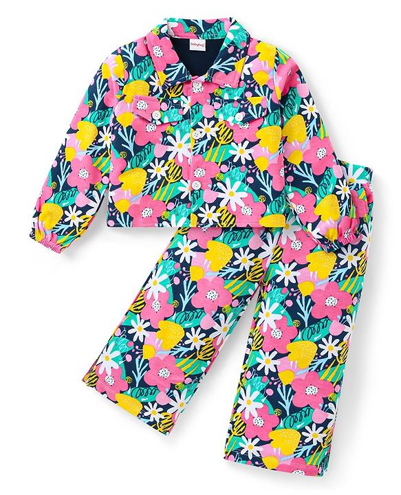 Babyhug Cotton Knit Full Sleeves Floral Printed Shirt Style Top & Lounge Pants Co-Ord Set - Multicolor