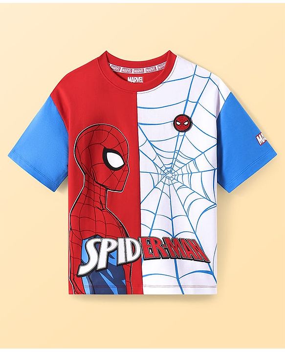 Pine Kids Marvel Terry Knit Drop Shoulder Sleeves T-Shirt with Spider Man Graphic and Patch - Red