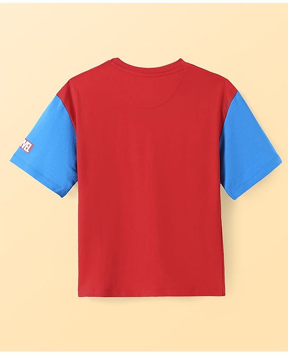Pine Kids Marvel Terry Knit Drop Shoulder Sleeves T-Shirt with Spider Man Graphic and Patch - Red