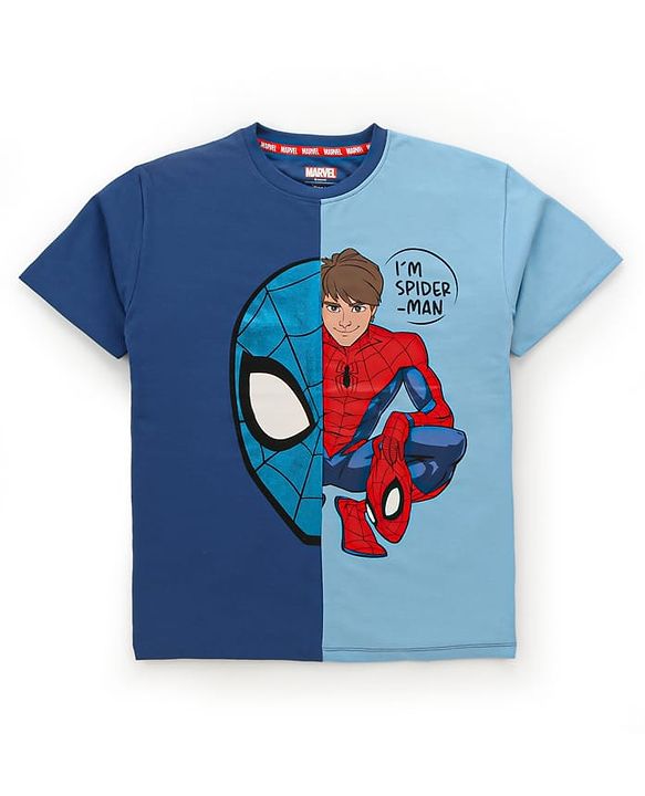 Pine Kids Marvel Terry Knit Half Sleeves Oversized Light Weight T-Shirt With Spiderman Graphics - Blue