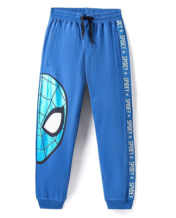 Pine Kids Marvel Terry Knit Full Length Lounge Pant with Spider Graphic & Blue Foil Print Detailing - Blue