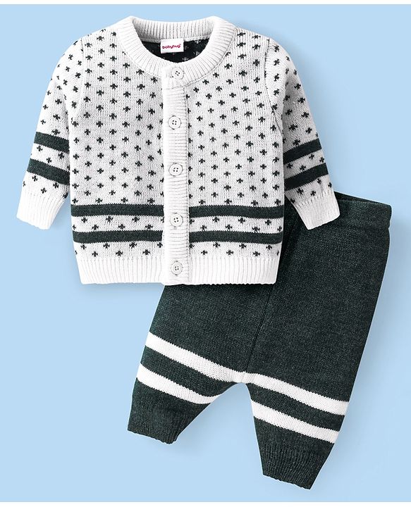 Babyhug Knitted Full Sleeves Front Open Sweater Set With Polka Dot Design - Green & White