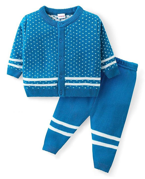 Babyhug Knitted Full Sleeves Front Open Sweater Set with Polka Dot Design - Aqua Blue
