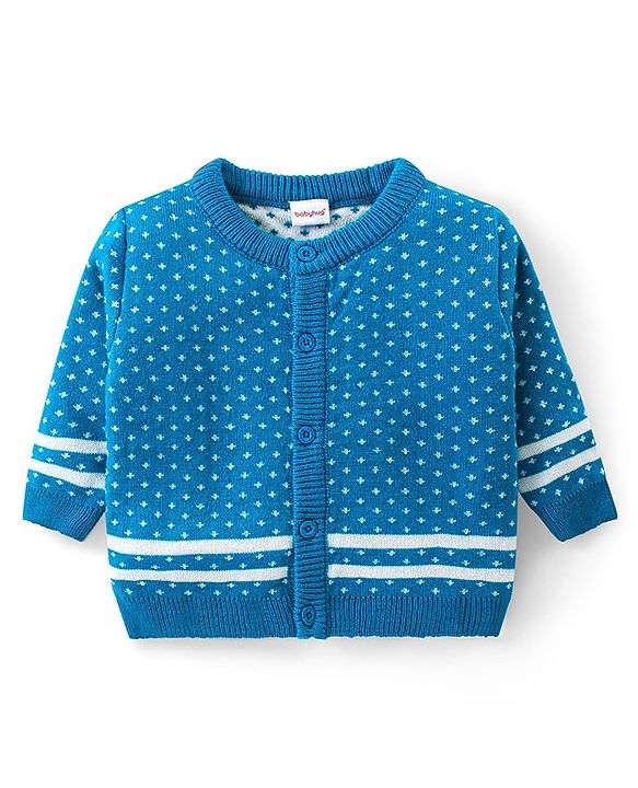 Babyhug Knitted Full Sleeves Front Open Sweater Set with Polka Dot Design - Aqua Blue