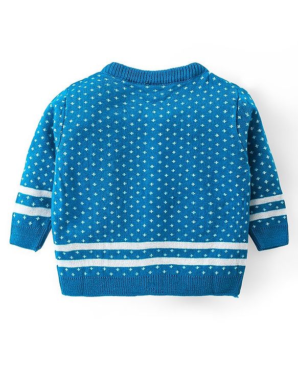 Babyhug Knitted Full Sleeves Front Open Sweater Set with Polka Dot Design - Aqua Blue