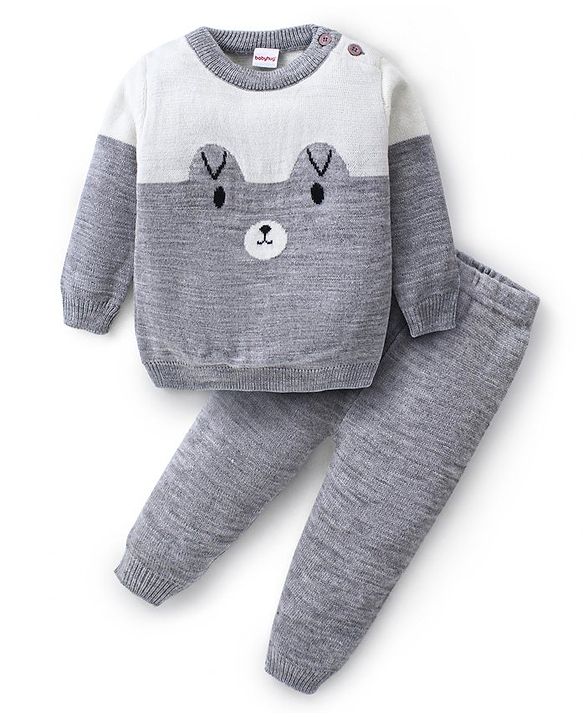 Babyhug Knitted Full Sleeves Pullover Sweater Set with Teddy Bear Design - Grey & White