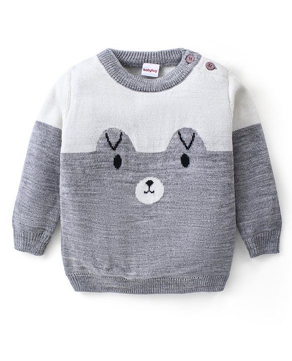 Babyhug Knitted Full Sleeves Pullover Sweater Set with Teddy Bear Design - Grey & White