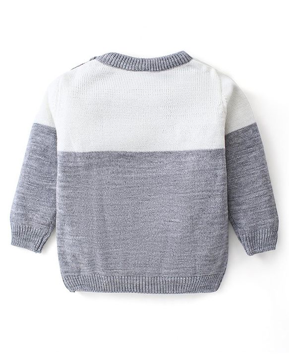 Babyhug Knitted Full Sleeves Pullover Sweater Set with Teddy Bear Design - Grey & White