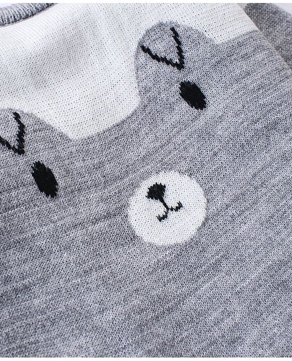 Babyhug Knitted Full Sleeves Pullover Sweater Set with Teddy Bear Design - Grey & White