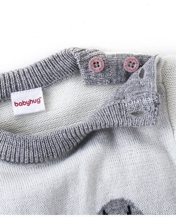 Babyhug Knitted Full Sleeves Pullover Sweater Set with Teddy Bear Design - Grey & White