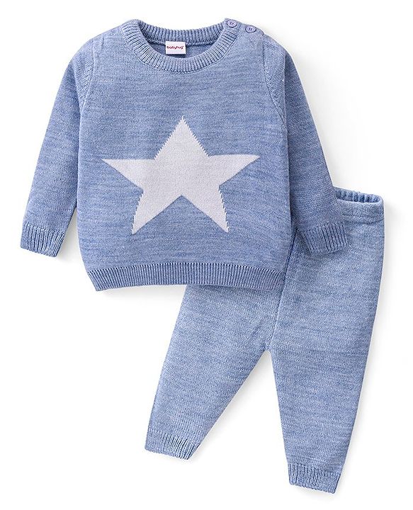 Babyhug Knitted Full Sleeves Pullover Sweater Set With Star Design - Aqua Blue