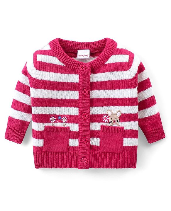 Babyhug Knitted Full Sleeves Front Open Sweater Set With Stripes & Floral Embroidery - Pink