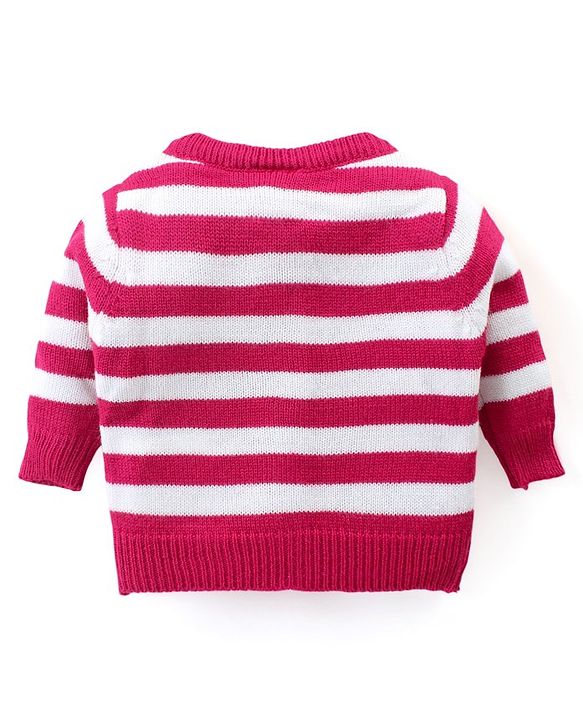 Babyhug Knitted Full Sleeves Front Open Sweater Set With Stripes & Floral Embroidery - Pink