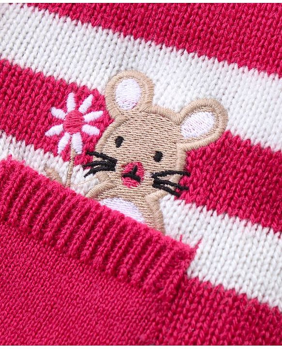 Babyhug Knitted Full Sleeves Front Open Sweater Set With Stripes & Floral Embroidery - Pink