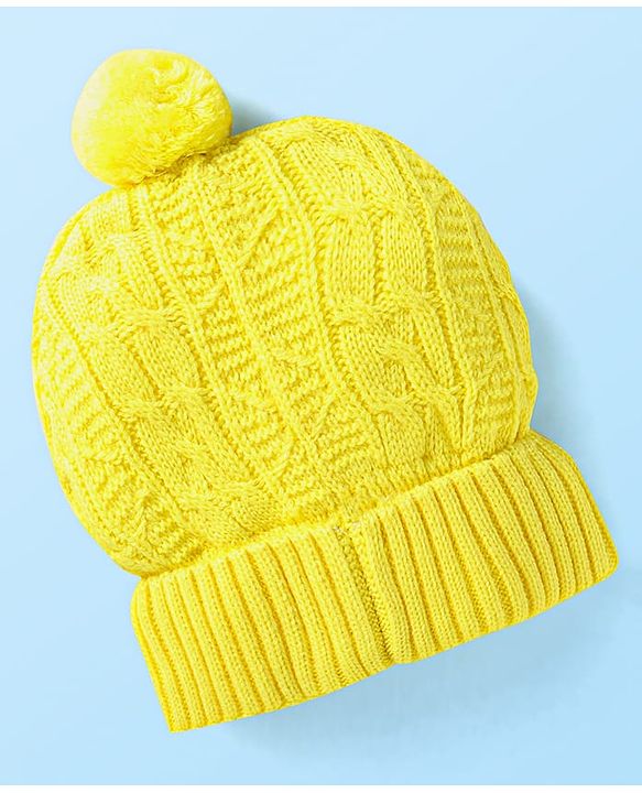 Babyhug Knit Woollen Cap With Pom Pom Applique - Yellow
