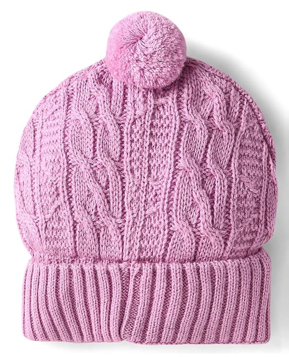 Babyhug Knit Woollen Cable Knit Design Cap With Pom Pom Applique Pink - Diameter 11.5 cm