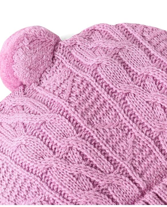 Babyhug Knit Woollen Cable Knit Design Cap With Pom Pom Applique Pink - Diameter 11.5 cm