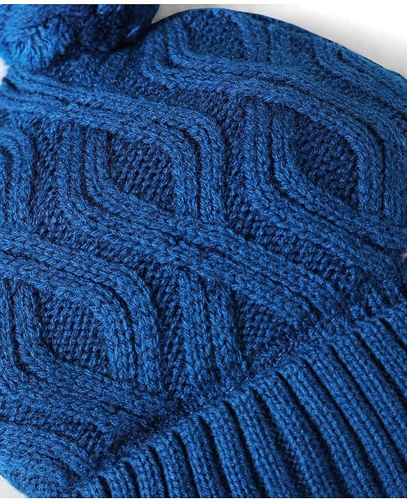 Babyhug Knit Woollen Cable Knit Design Cap With Pom Pom Applique Royal Blue - Diameter 11.5 cm