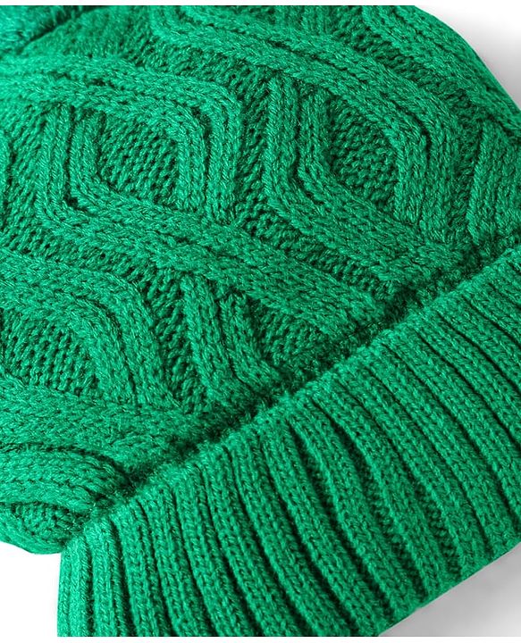 Babyhug Knit Woollen Cable Knit Design Cap With Pom Pom Applique Green - Diameter 11 cm