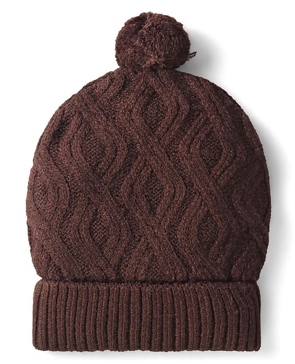 Babyhug Knit Woollen Cable Knit Design Cap With Pom Pom Applique Brown - Diameter 11.5 cm