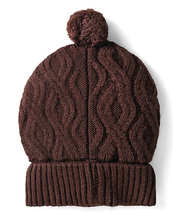 Babyhug Knit Woollen Cable Knit Design Cap With Pom Pom Applique Brown - Diameter 11.5 cm