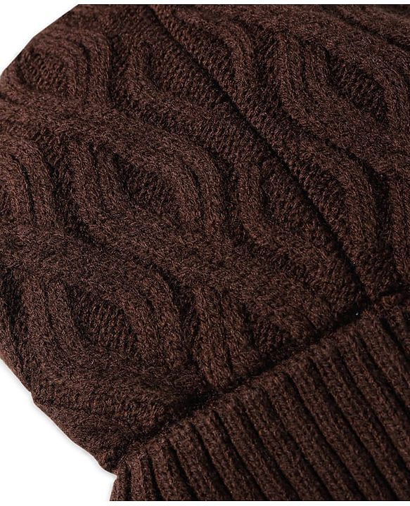Babyhug Knit Woollen Cable Knit Design Cap With Pom Pom Applique Brown - Diameter 11.5 cm