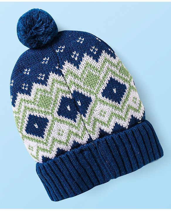 Babyhug Knit Woollen Cap With Pom Pom Applique & Argyle Design - Navy Blue