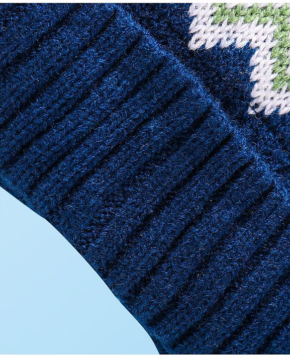 Babyhug Knit Woollen Cap With Pom Pom Applique & Argyle Design - Navy Blue