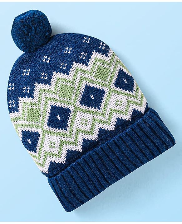 Babyhug Knit Woollen Cap With Pom Pom Applique & Argyle Design - Navy Blue